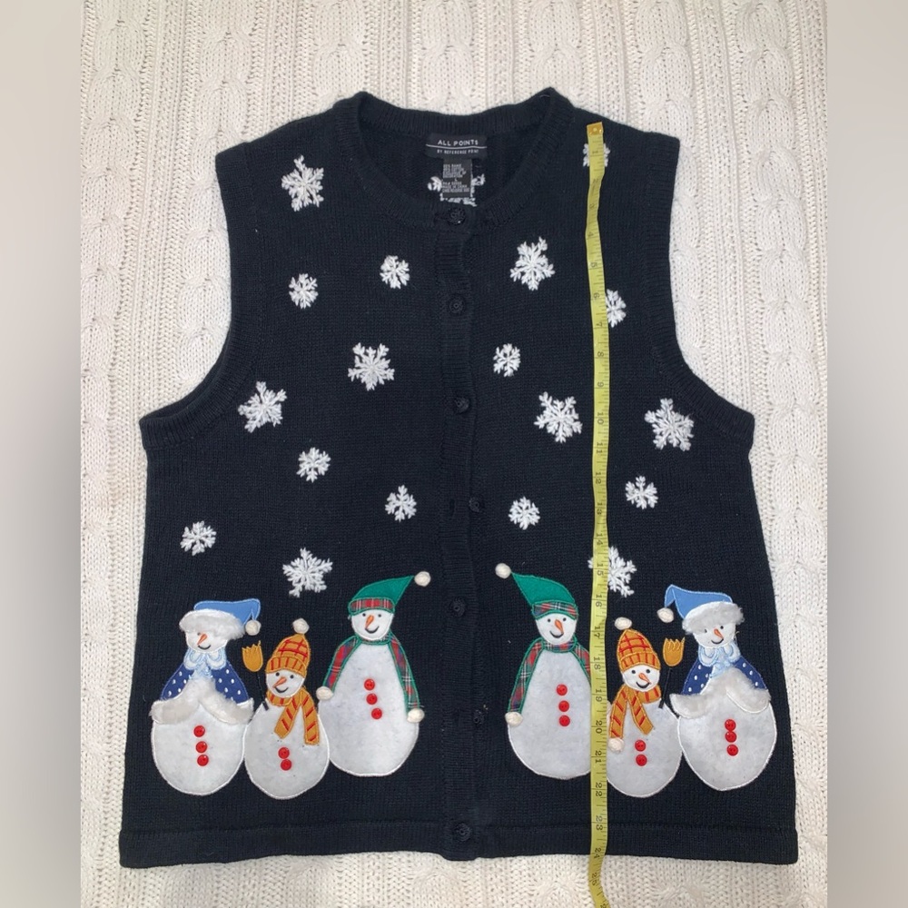 EUC All Points VTG Womens Sz L Snowman Knit Christmas Black Ugly Sweater Vest